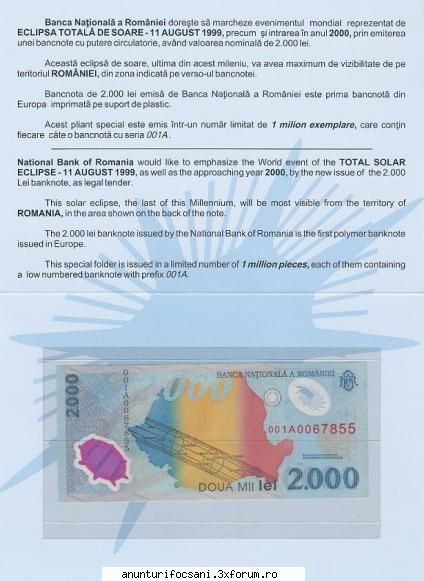 pliant emis de bnr cu ocazia eclipsei din 1999; bancnota sigilata; s-au emis 1 milion de exemplare