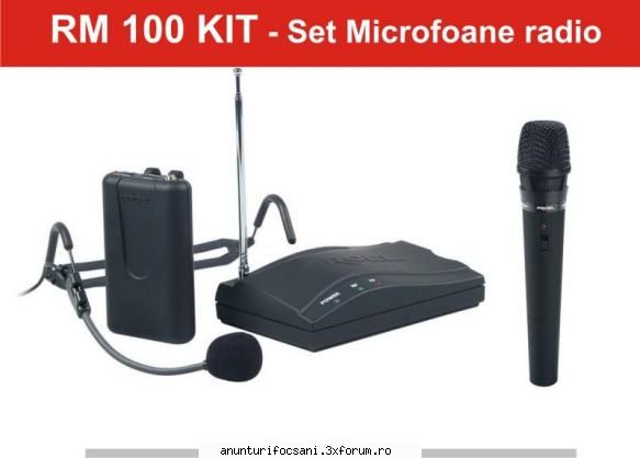 rm 100 este un set compus din microfon lavaliera si receiver, microfon hand-held (de mana) si